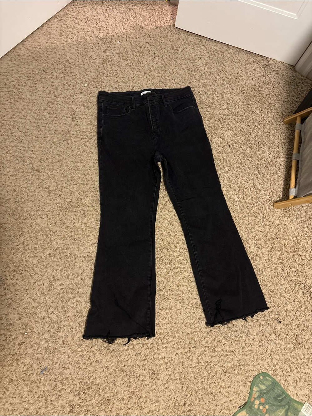 Good American Black Flare Jeans with Raw Hem